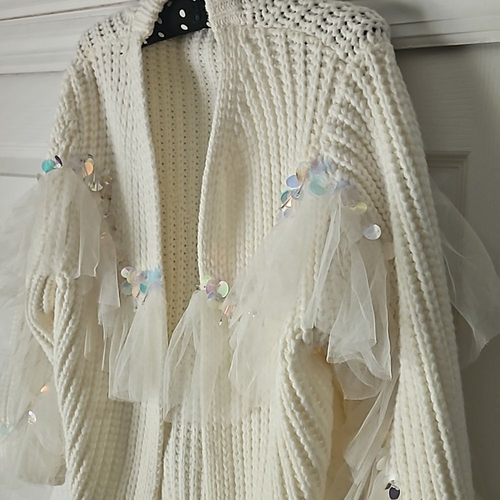Handmade Tulle-Accent Chunk-Knit Sweater